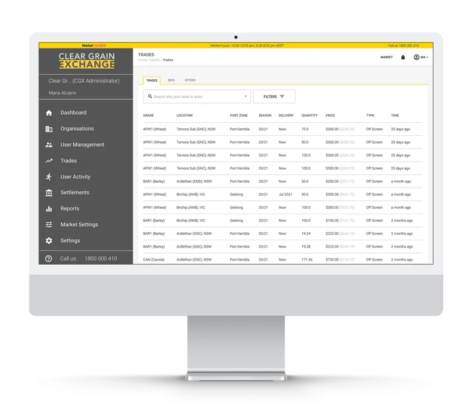 Screenshot of cleargrain exchange market on iMac computer