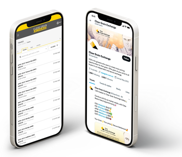 Clear Grain Exchange Application displayed on two iPhone devices