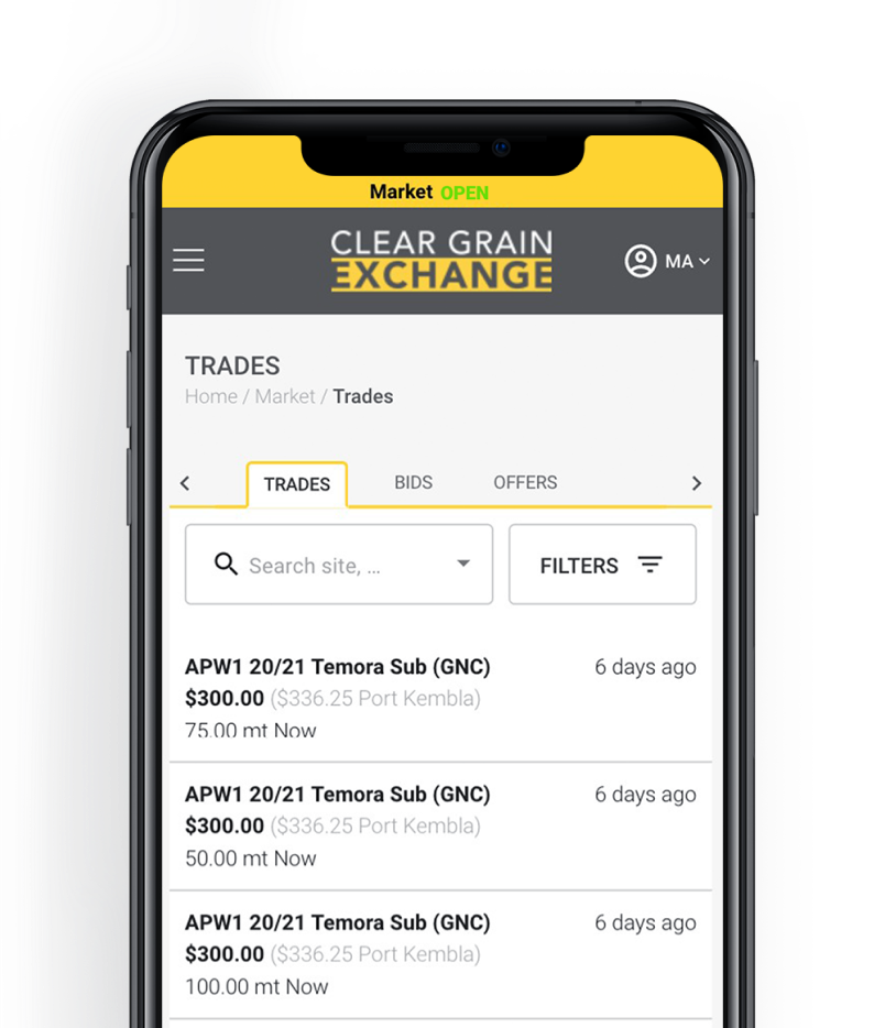 Clear Grain Exchange Market displayed on an iPhone