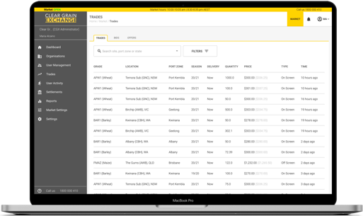 Clear Grain Exchange market presented on laptop